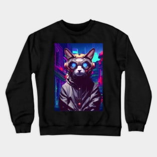 Techno Cat In Japan Neon City Crewneck Sweatshirt